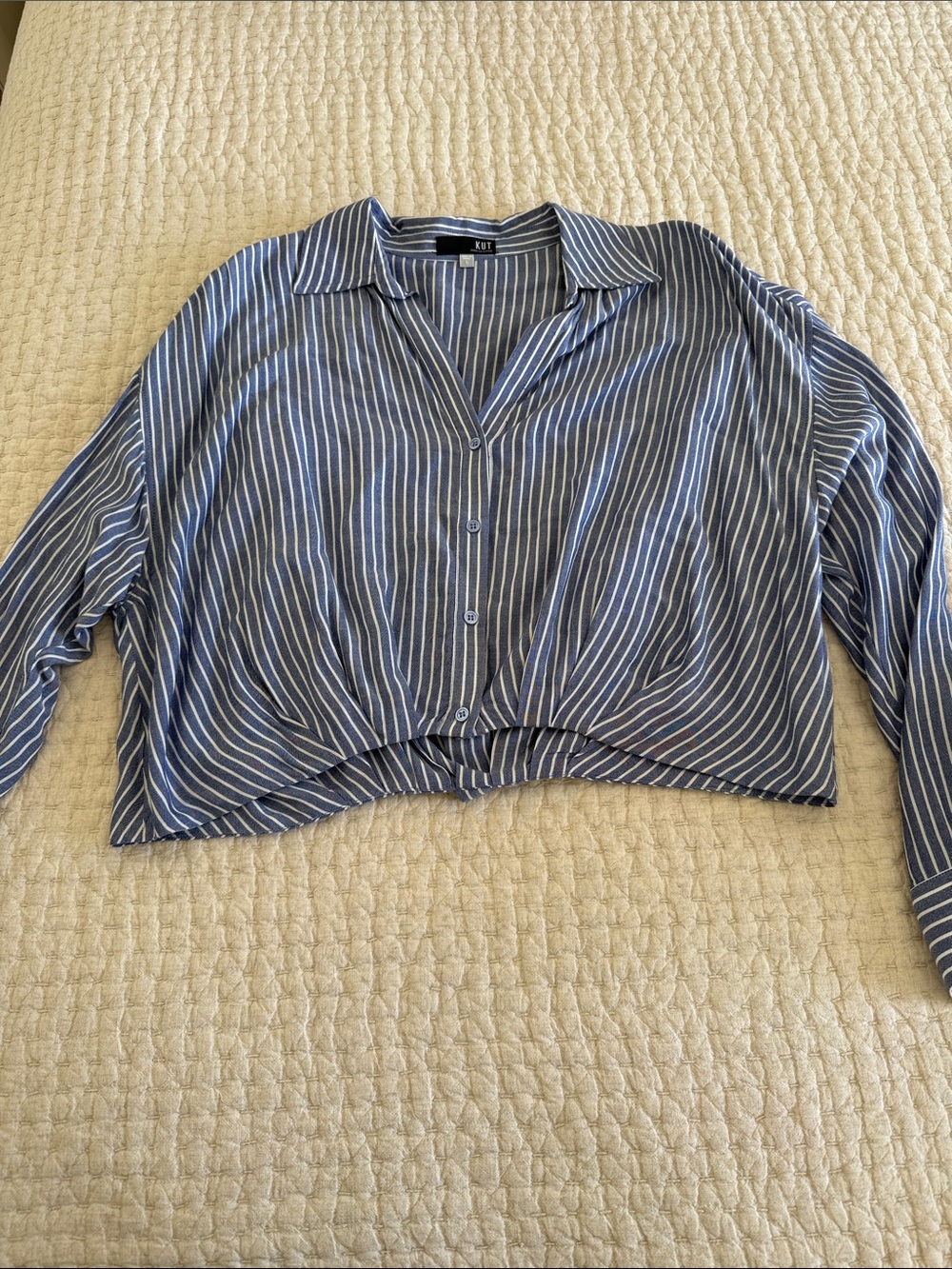 Kut from the Kloth Navy and White Striped Cropped Button-Down